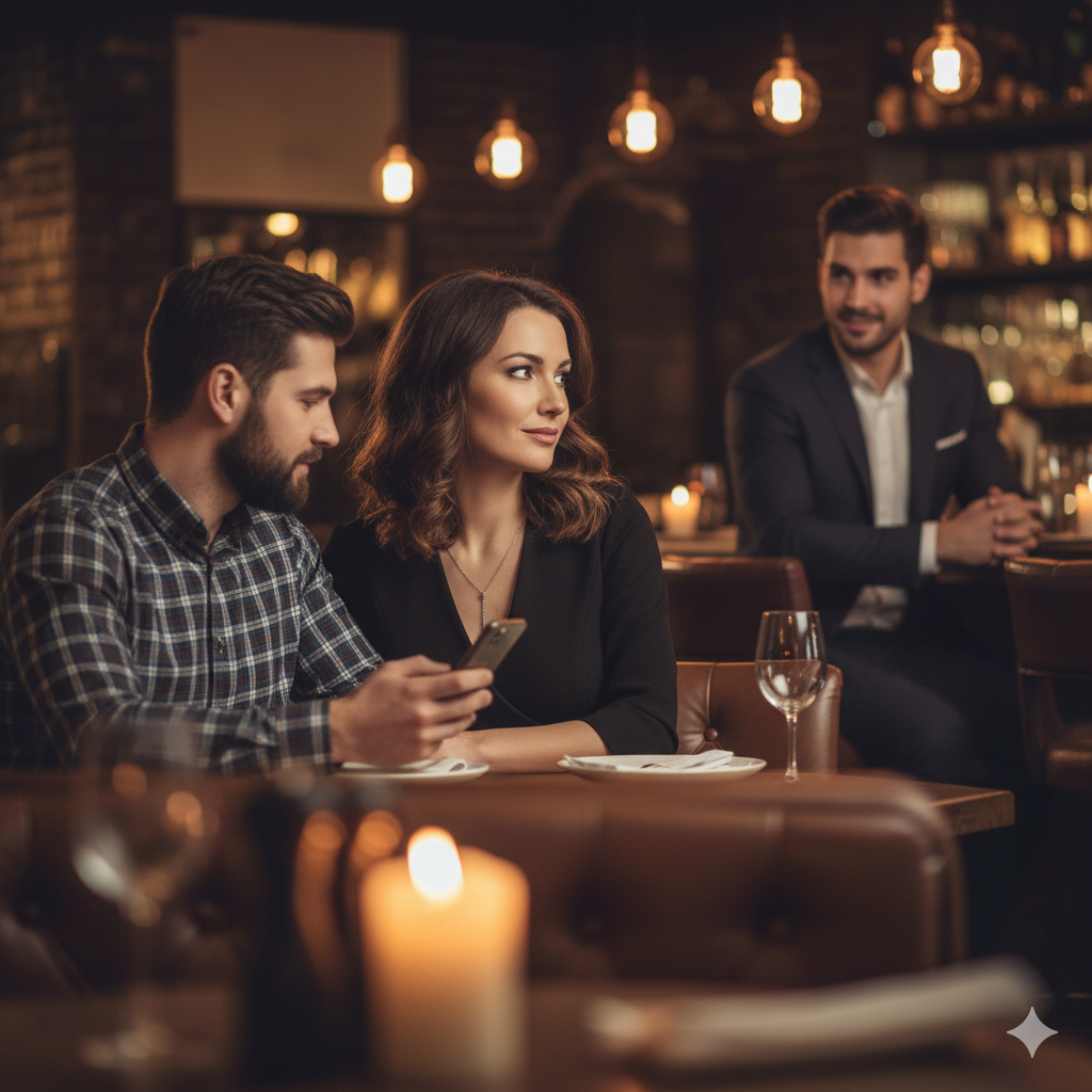 Mulher olhando para outro homem em restaurante